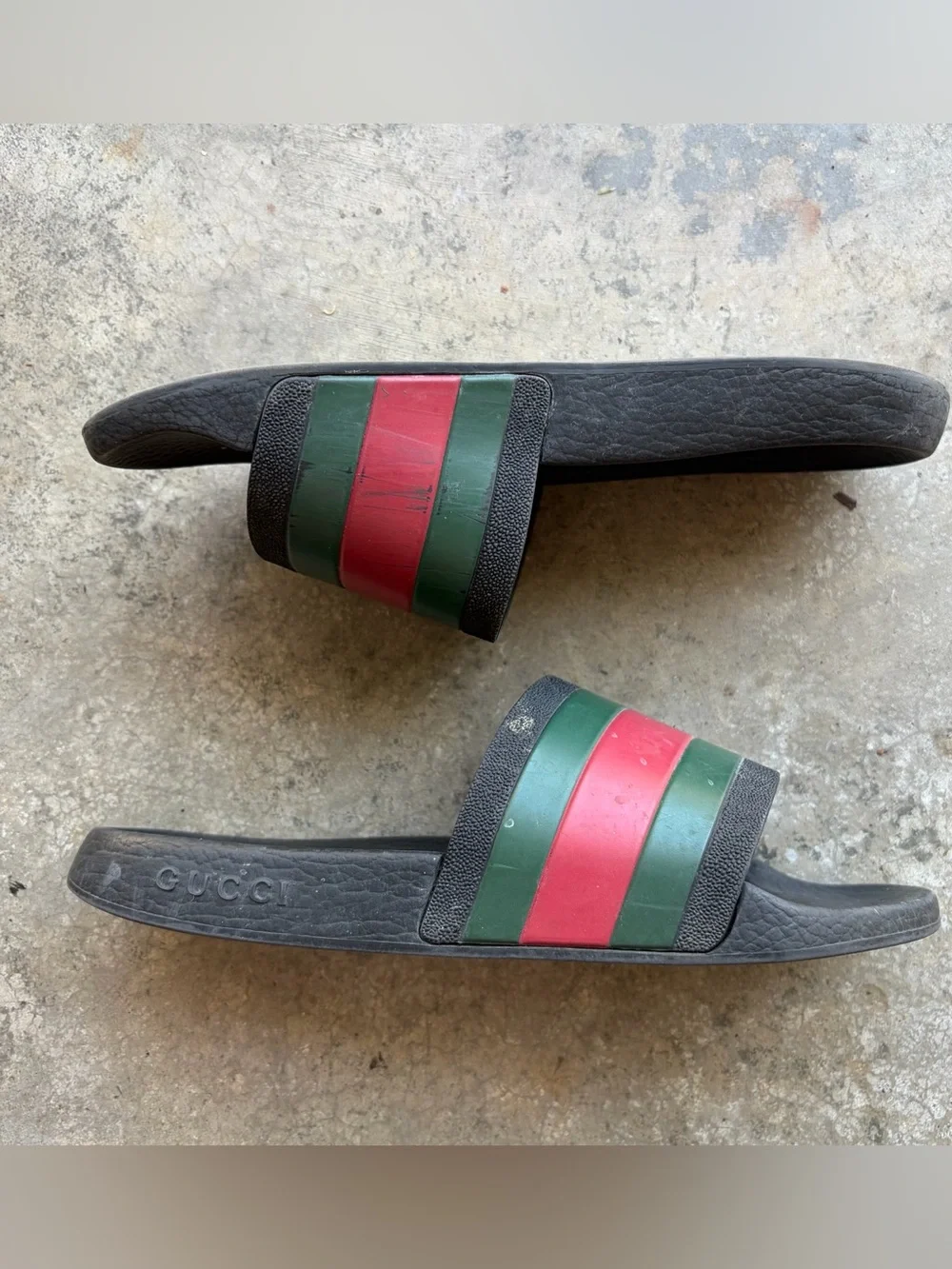 Gucci Black Slides with Green and Red Web Stripe